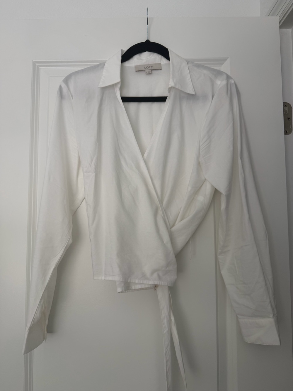 LOFT White Wrap Collared Long Sleeve Blouse with Tie